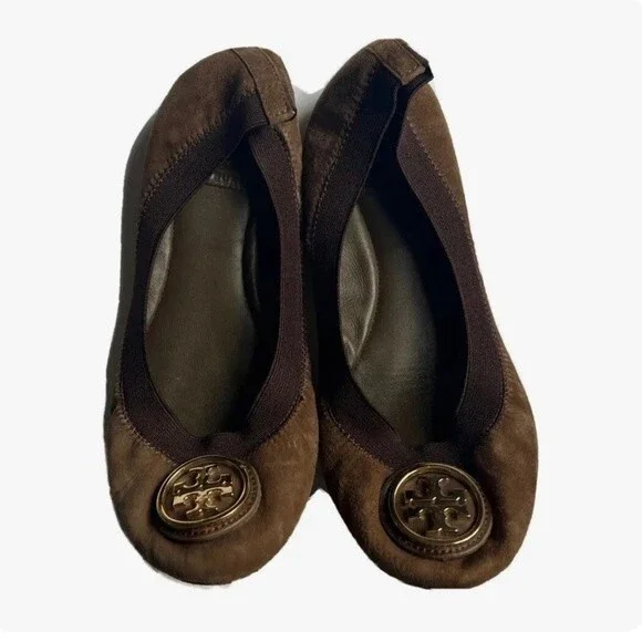 Tory‎ Burch Brown Gold top Logo Elastic Ballet Suede Leather Flat Shoes Sz 6M - Picture 3 of 3